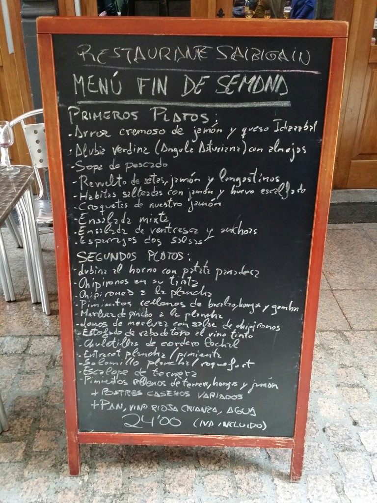 Cartel menu Restaurante Saibigain